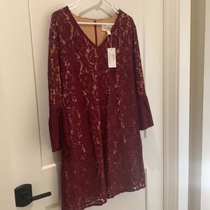 Lace Overlay Nude/Burgundy Dress
